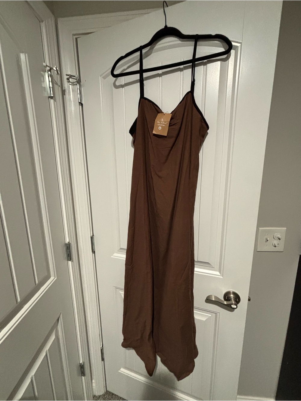 Linen Brown Satin Slip Midi Dress with Spaghetti Straps